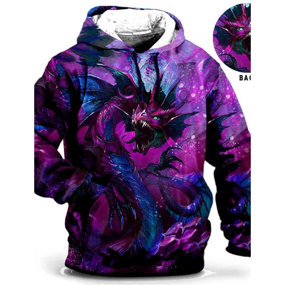 Pánská mikina s kapucí draka na čínský Nový rok s grafickým zvířecím potiskem Denní klasický 3D svetr Streetwear Mikiny s dlouhým rukávem, s kapucí