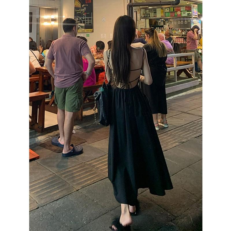 Halter Suspender Dress Female Summer Back Strap Design Waist Fairy Seaside Vacation Beach Long Skirt