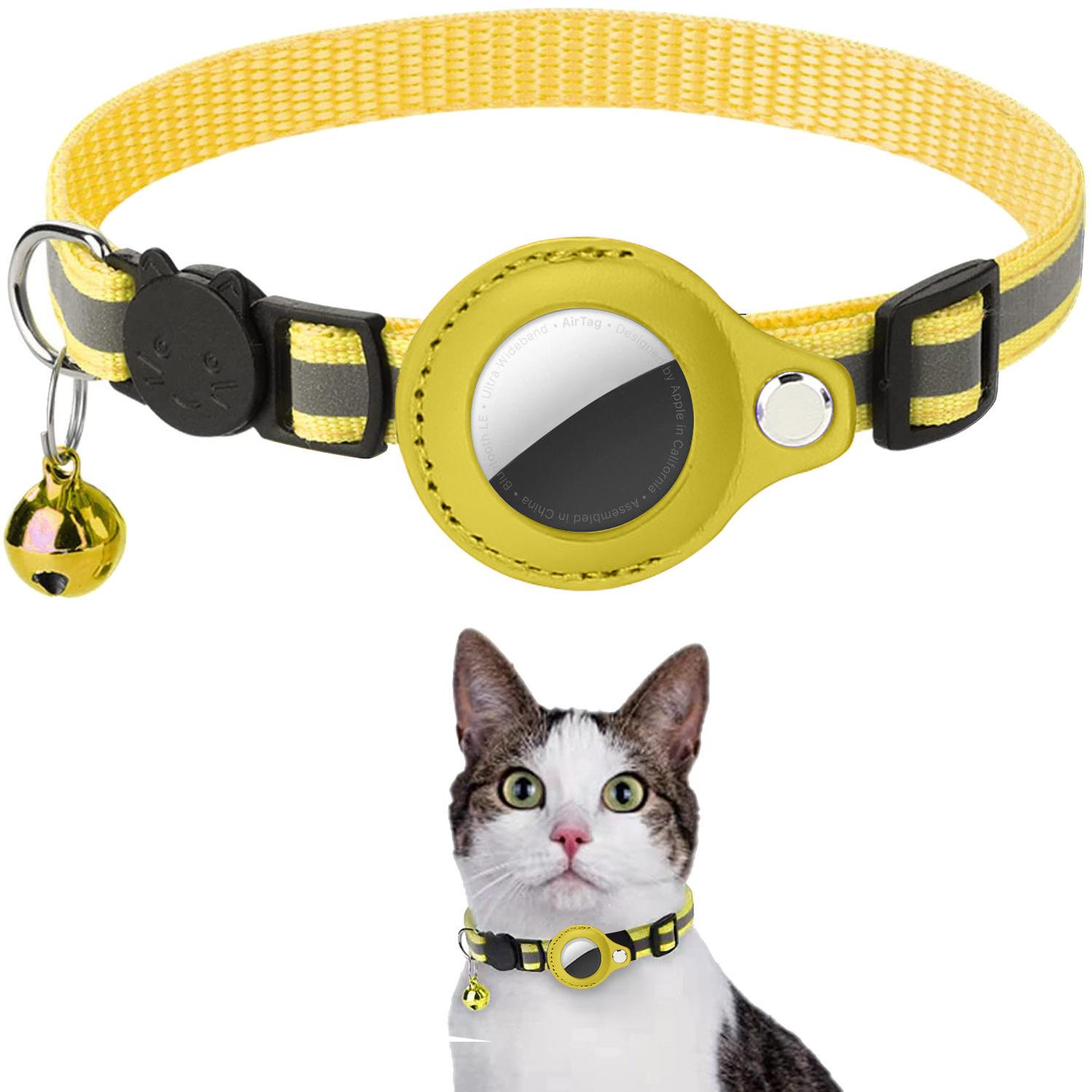 

1PC Cat AirTag Holder Collar Breakaway Reflective Strips Adjustable Kitten Collar Waterproof Cat Bell Collar жовтий