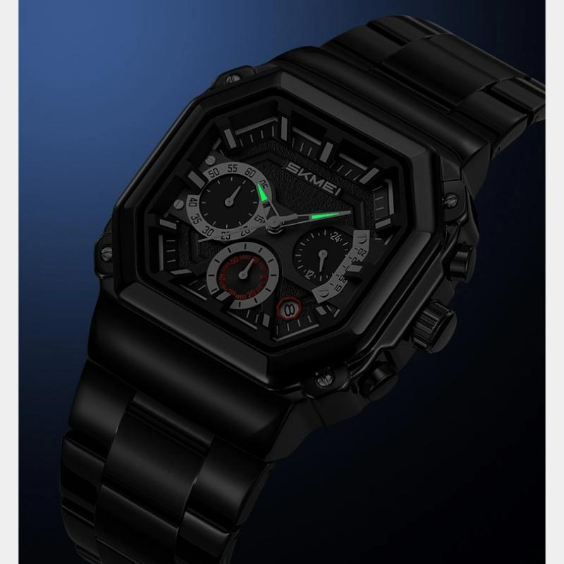Skmei Luxury Stainless Steel Square Men Watch Chronograph Luminous Quartz Wristwatches Small Dial Work Male Waterproof Clock