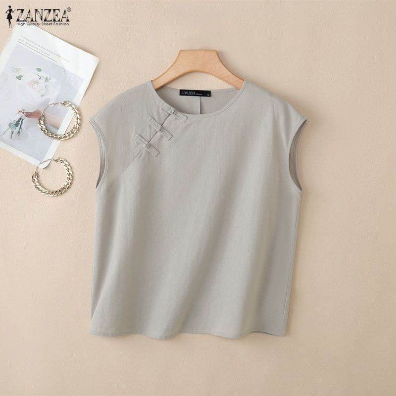 ZANZEA Women Casual Round Neck Solid Color Sleeveless Blouse