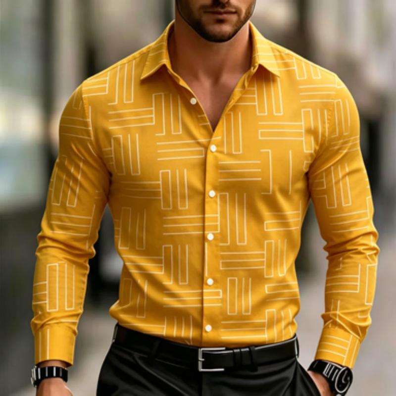 Men's Casual Geometric Lines with Digital Printing, Men's Long Sleeved Shirt, Fitted Version, Lapel Shirt, Trendy and Creative