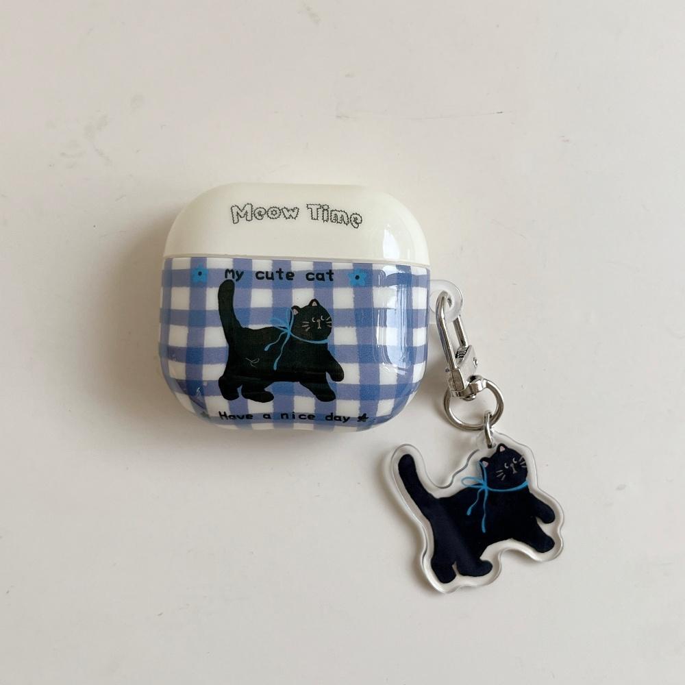 

Милый синий в клетку маленький черный кот для чехла наушников airpods4 чехол для беспроводных bluetooth-наушников apple три или четыре airpodpro3 третьего поколения ipod Airpods 2