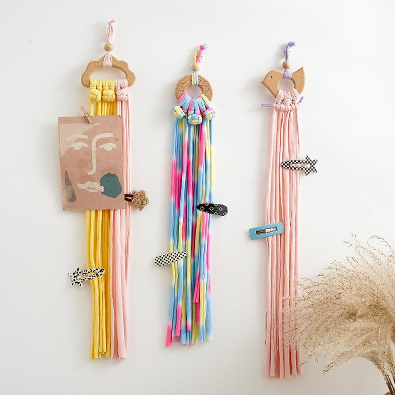 1Pc Wire Storage Pendant Strip Line Nordic Wind Woven Cartoon Wood Hairpin Finishing Wall Decoration