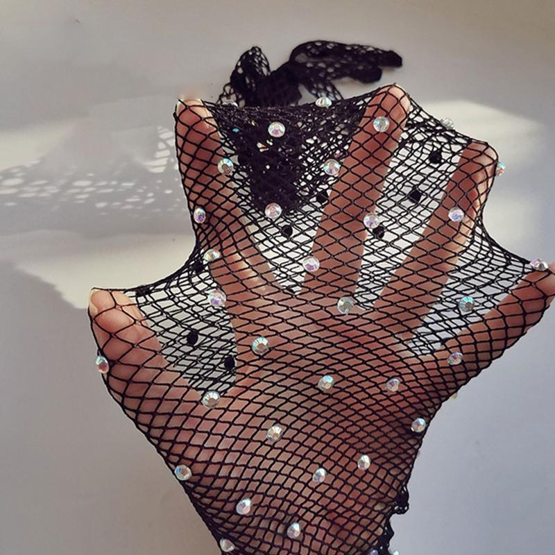 Women'S Fashionable Hot Diamond Sparkling Mesh Fishing Net Elastic Gloves