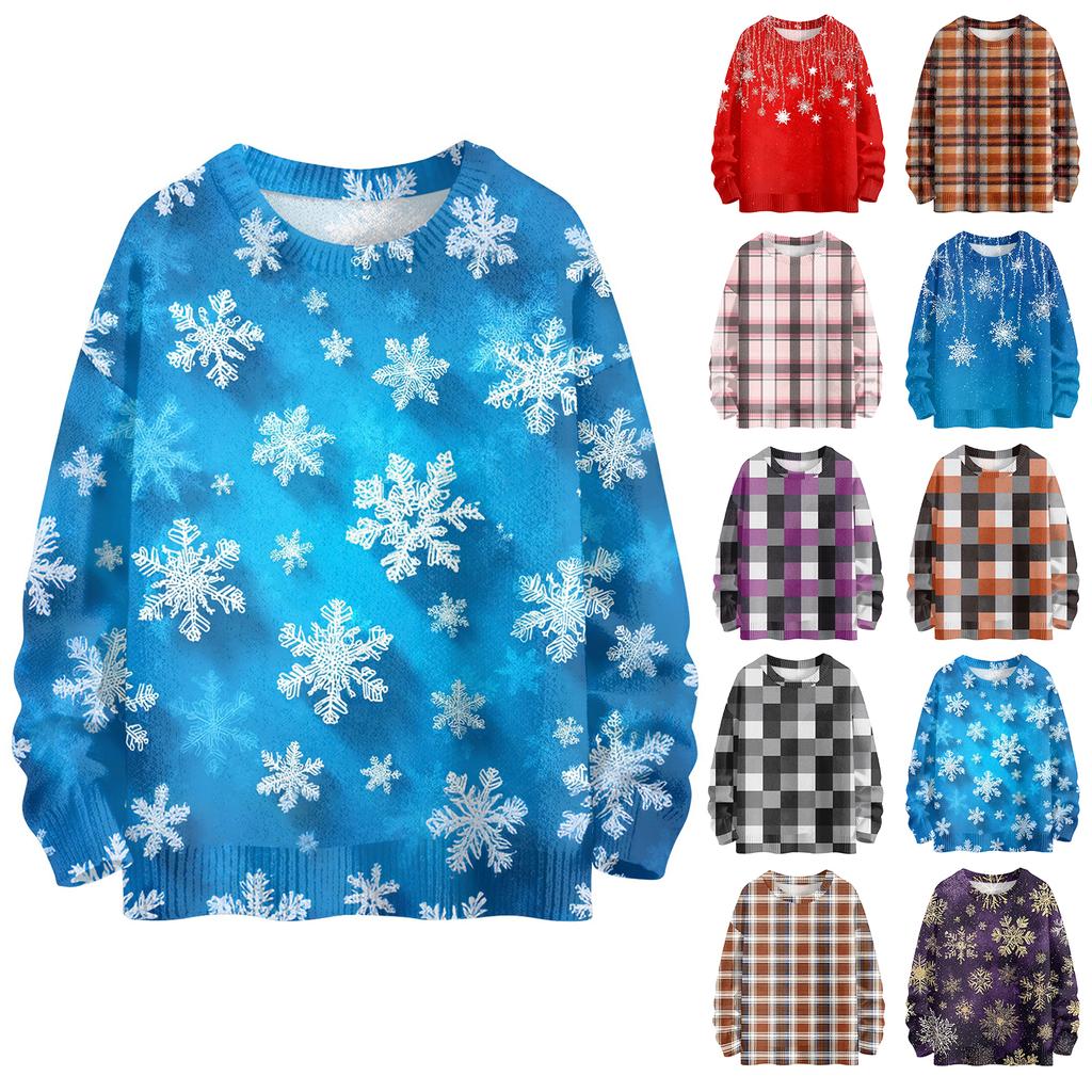 Women's Fashionable Casual Long-sleeved Checkered Printed Round-neck Sweater Knitted Top