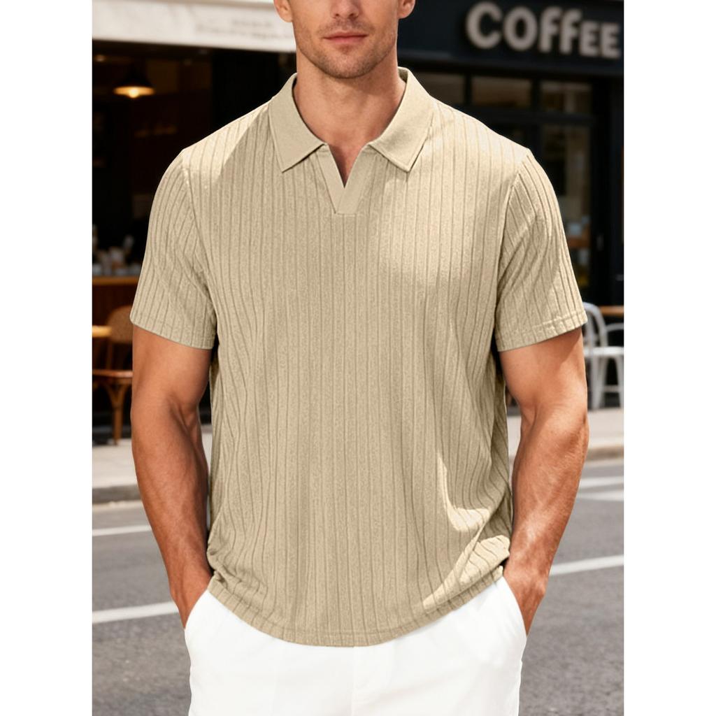 Summer Casual Breathable Towel Jacquard Lapel Men's Striped Short-sleeved Shirt