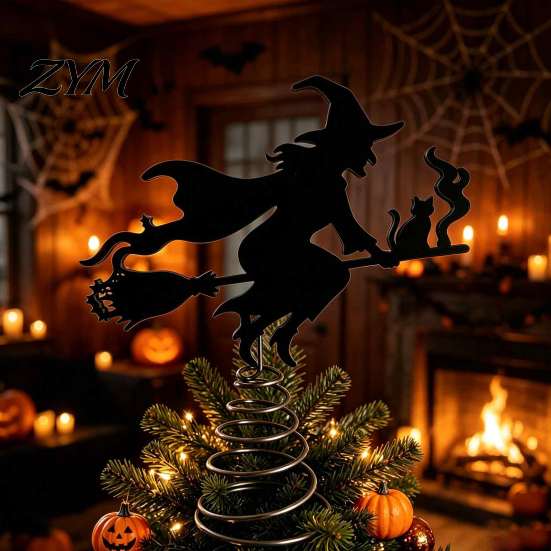 Iron Art Tree Topper Halloween Witch Topper, with LED Lights, Black Window Hanging Ornaments Silhouette Ornament, for Christmas And Holiday