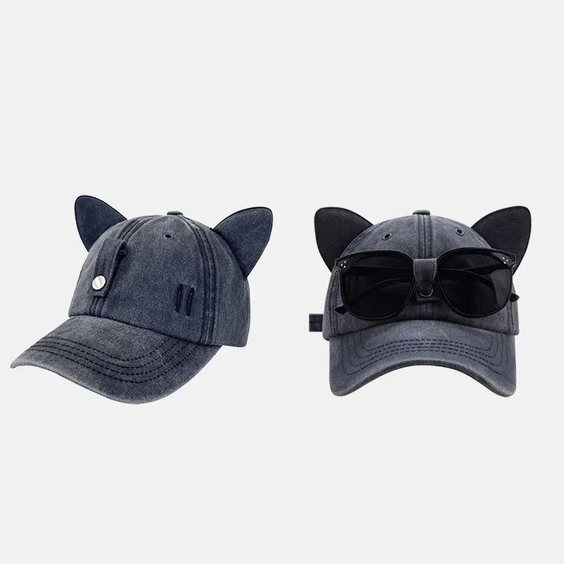 New Cute Cat Ears Pilot Hat With Glasses Baseball Cap Water Washed Baseball Cap Adjustable Outdoor Sunshade Sun Hats Unisex Gift