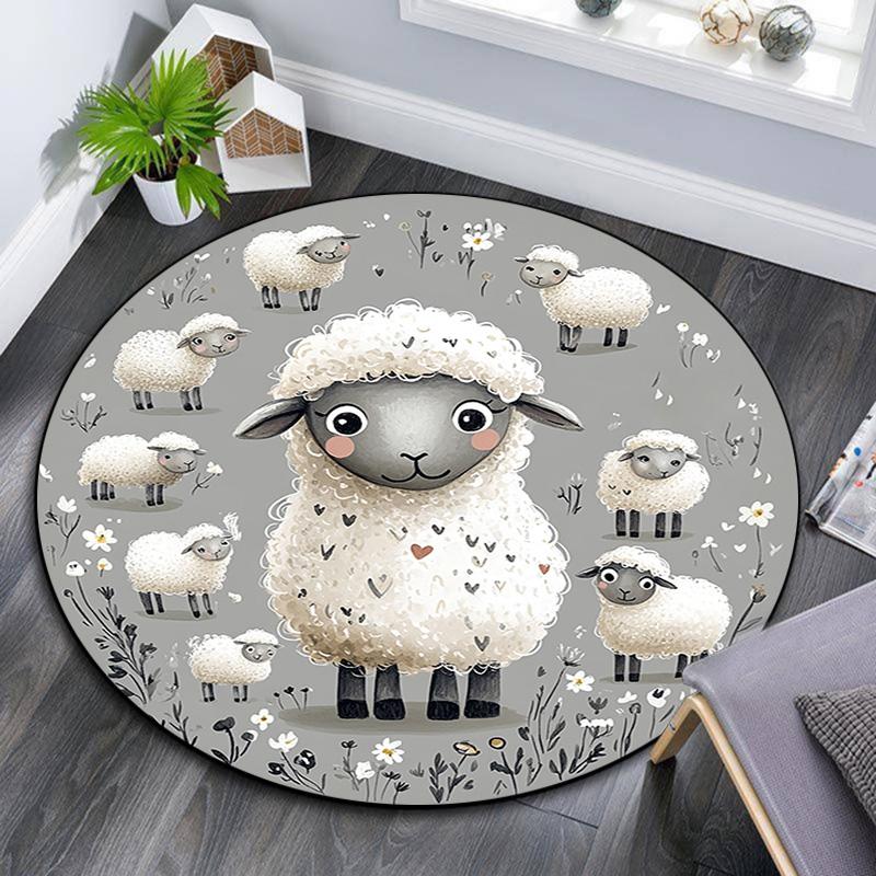 Cute Sheep Round Area Rug,Carpet Rug for Living Room Bedroom Sofa Playroom Decor,Non-slip Floor Mat