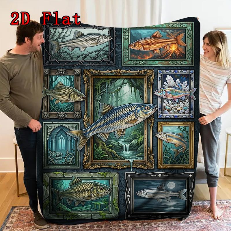 Fish Fantasies 2D Flat Pattern Flannel Blanket, High quality All Seasons, Home Decor, Warmth and Comfort, Perfect for Christmas Gifts.