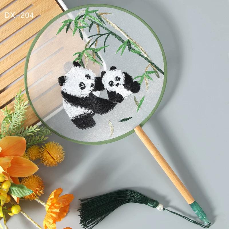 Antique Embroidery Circular Fan Chinese Style Cheongsam Fan Women's Double-Sided Embroidered Transparent round Long Handle Ancient Chinese Clothing