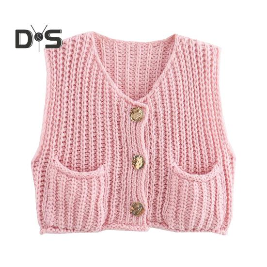 Women Sweater Vest V-neck Sleeveless Button Down Cardigan with Pockets Solid Color Loose Fit Crochet Knit Tops