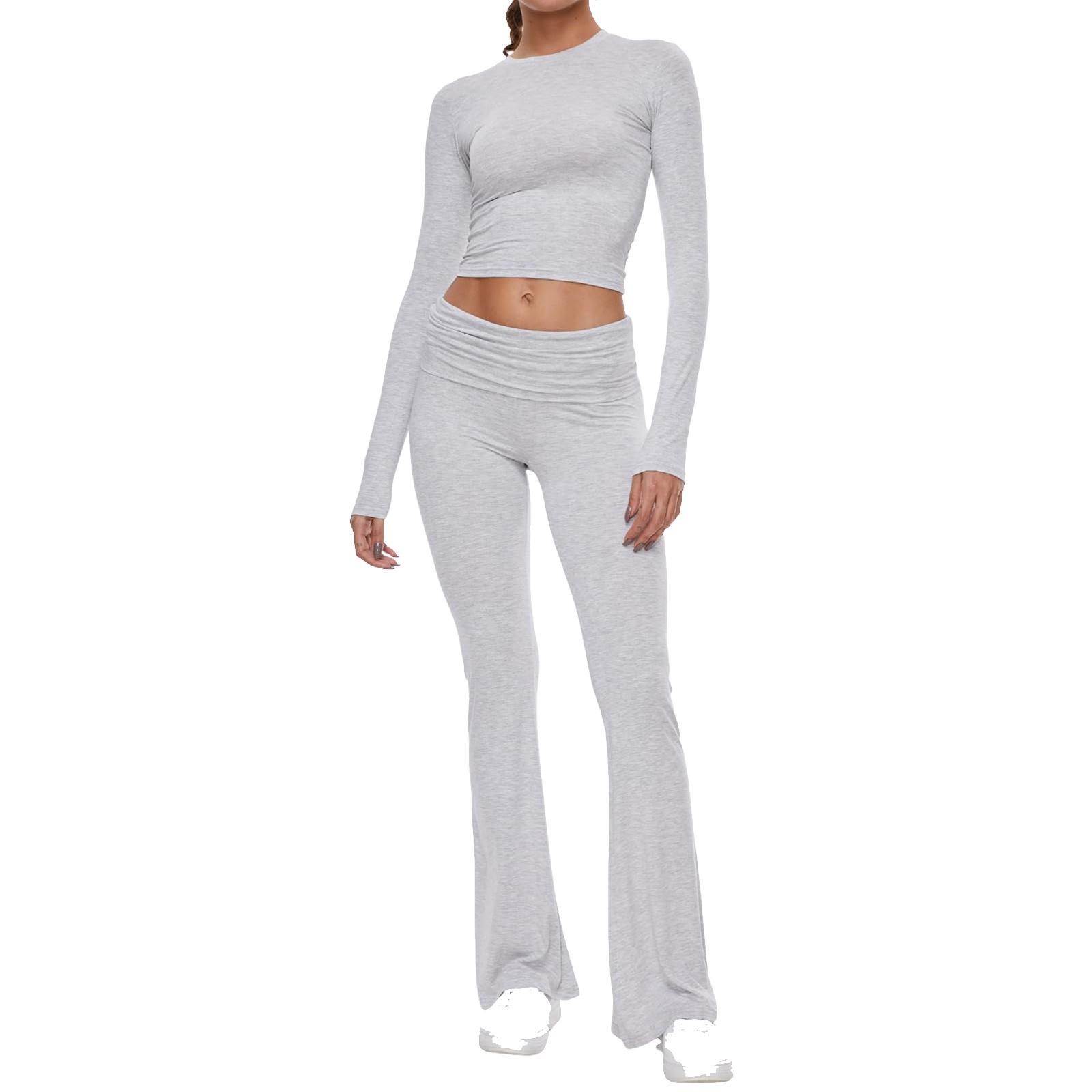 

Женская мода, однотонный топ с круглым вырезом и длинными рукавами, широкие брюки, комплект S