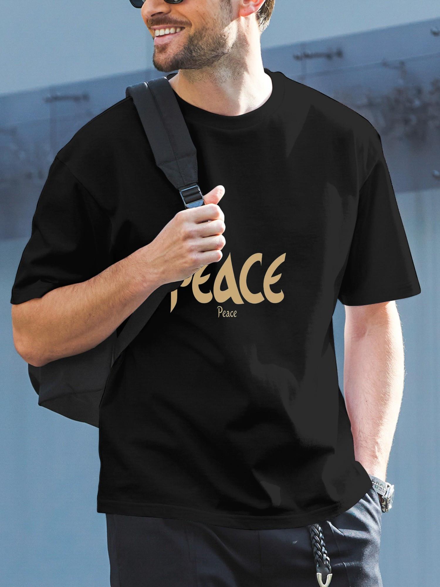 1pc Casual Arabic Script PEACE T-shirt - Black with Golden Lettering XXXL