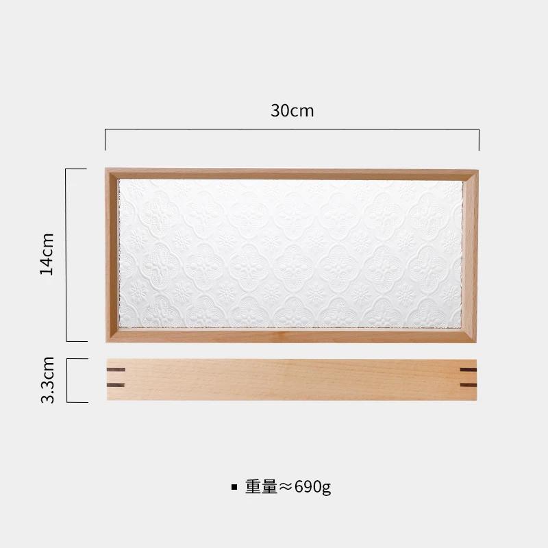 Japanese Style Rectangular Wooden Tray, Light Luxury Glass Home Decoration Storage Living Room Coffee Table Tray