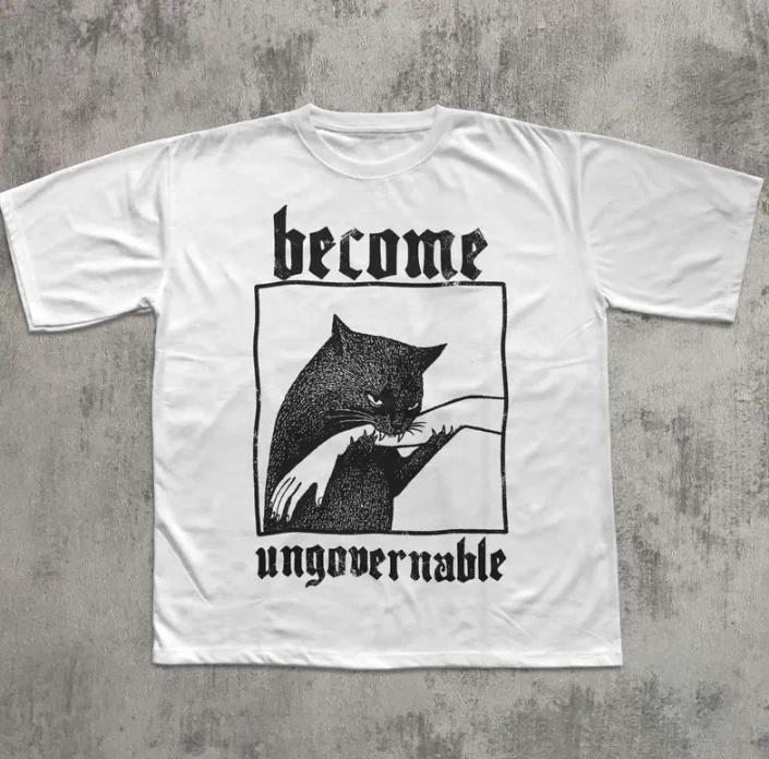 Become Ungovernable Funny Graphic Cat Biting Hand T-Shirt, Vintage Graphic Tee XL