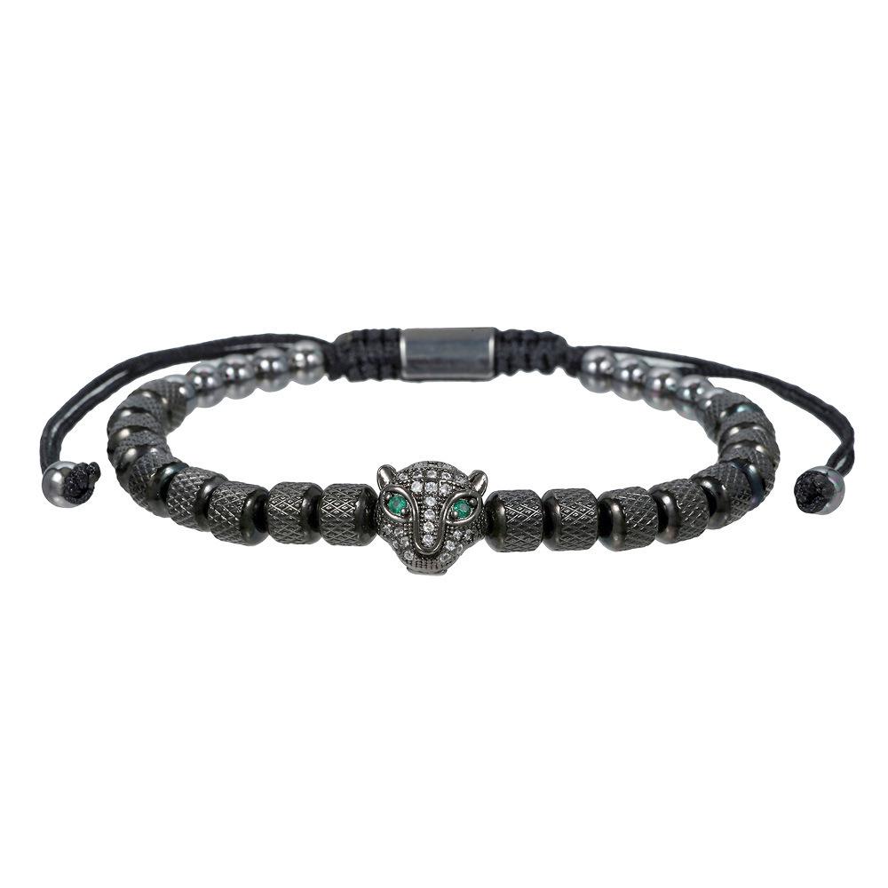 Men's Punk Braided Titanium Steel Bracelet with Leopard Head, Zircon, and Pineapple Beads.