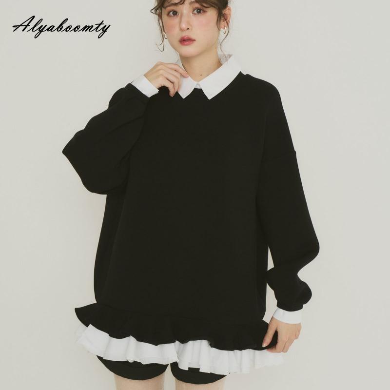 Korean Style Autumn Winter Women Hoodies Turn-Down Collar Patchwork Striped Oversized Pullover Layered Ruffles Outerwear