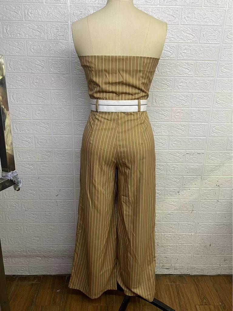 2024 Women's Summer One-Shoulder Striped Jumpsuit with High-Waisted Wide-Leg Pants