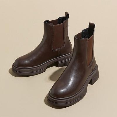 Autumn and Winter Chelsea Boots Female Leather Padded England Style Brown Wildly Thin Thick Bottom Boots