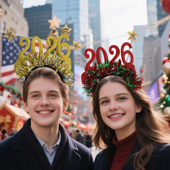 2026 Nyttårsfest Briller Lett Rød Glitter Brilleinnfatning med Snøfnugg Kristtorn Dekorasjon Festlig Paljett Hårbøyle