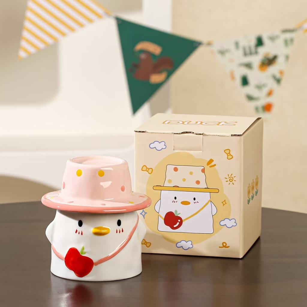 Cute duck ceramic mug with lid water cup women's new 2025 high-value cup household drinking water birthday gift
