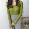 Women Tops V-neck Long Sleeve Slim Fit Pullover Sweater Solid Color Ribbed Bottom Sweater Elastic Knitwear