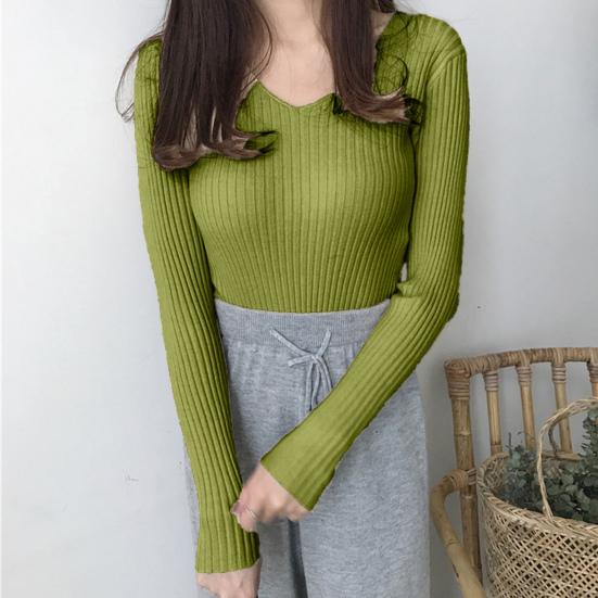 Women Tops V-neck Long Sleeve Slim Fit Pullover Sweater Solid Color Ribbed Bottom Sweater Elastic Knitwear
