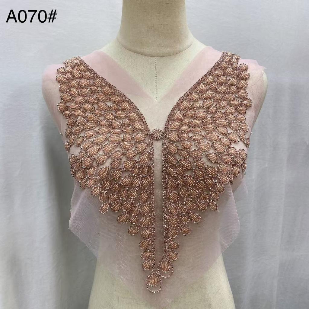 Beaded Rhinestone Crystal Fabric Bodice Applique Rose Gold Panel Pedreria Hand-Sewn Shank Style Corset Wedding Dress Evening