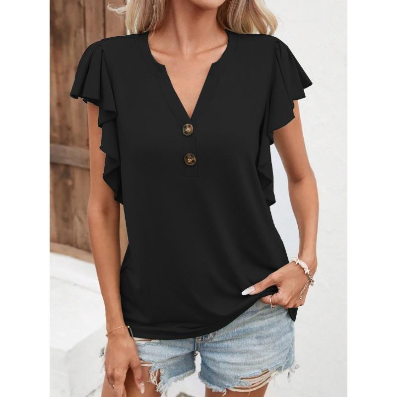Women's V Neck Lotus Sleeves Elegant Women's Short Sleeve Top T-shirt