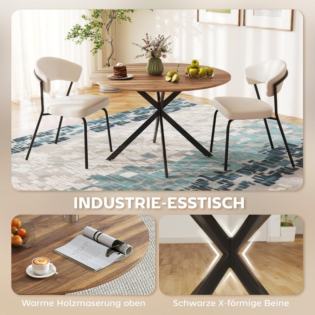 Round Dining Table for 4 People, Industrial Style Kitchen Table with Steel Legs, for Dining Room, Kitchen, Dark Brown