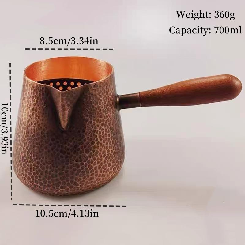 Винтажная медно-чистая кофейная турка, промытая вручную, ручной работы, с гравировкой, текстура молотка, 700 мл, для кипячения воды, чая, чайная посуда, с деревянной ручкой