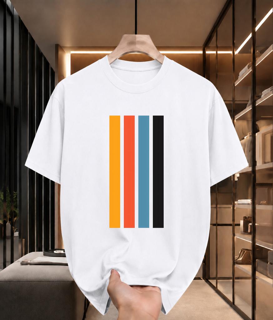 2026 New Cotton Tshirt Retro Colorblocked Four Vertical Stripes Simple Geometric Color Block Print Casual Short Sleeve
