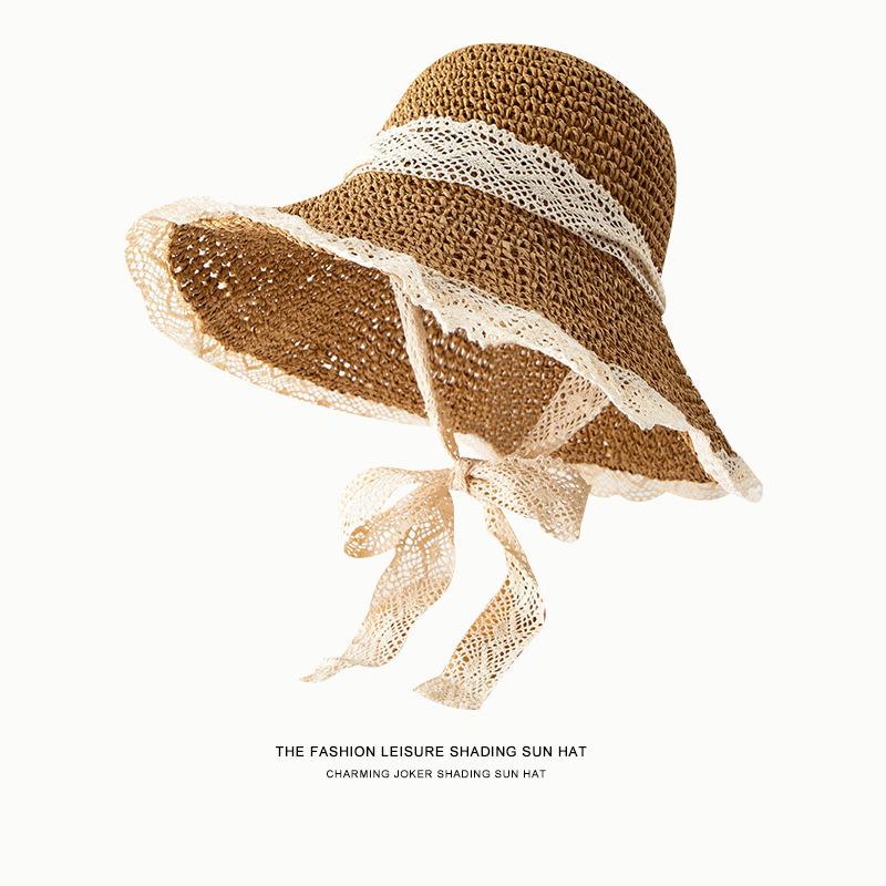 Chapeau Seau d'Été pour Femme en Paille Bord Large Protection Solaire Pliable Chapeau de Soleil avec Perles Colorées