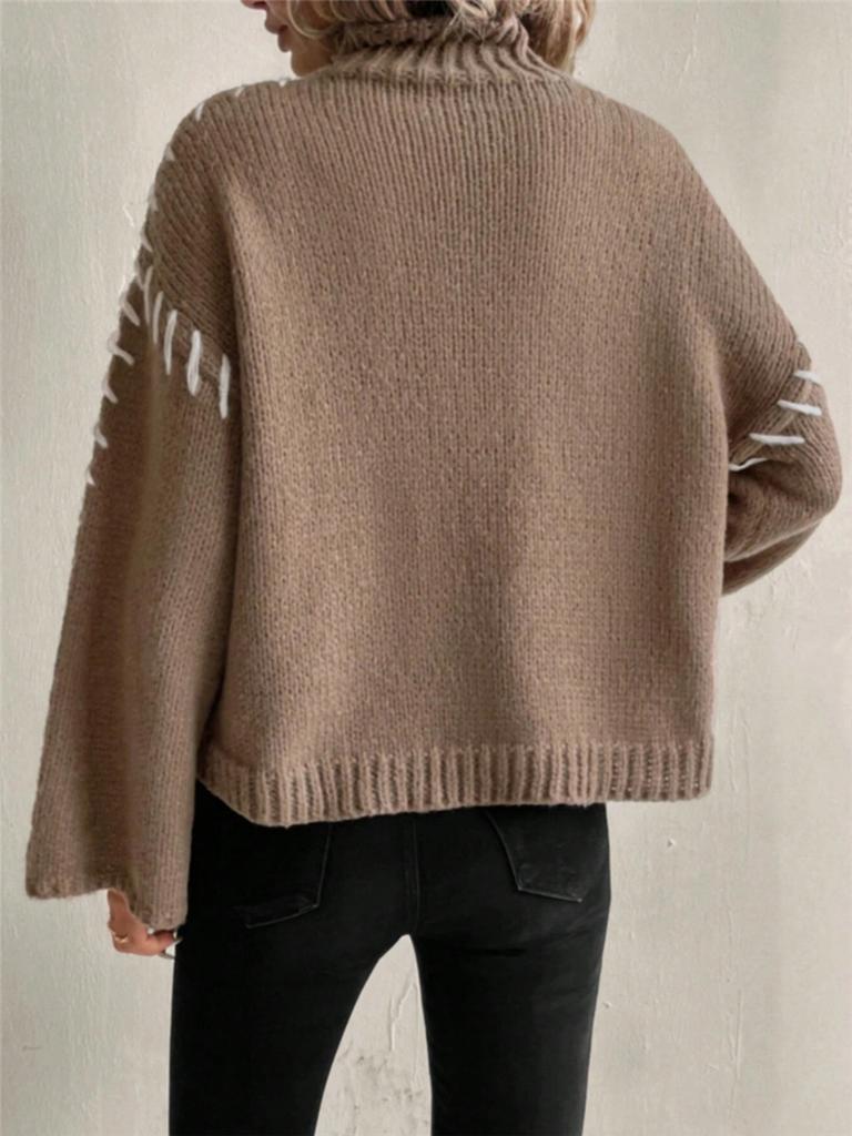 Long Sleeve Casual Loose Knit Sweater New Style High Neck Color Block Design Women's