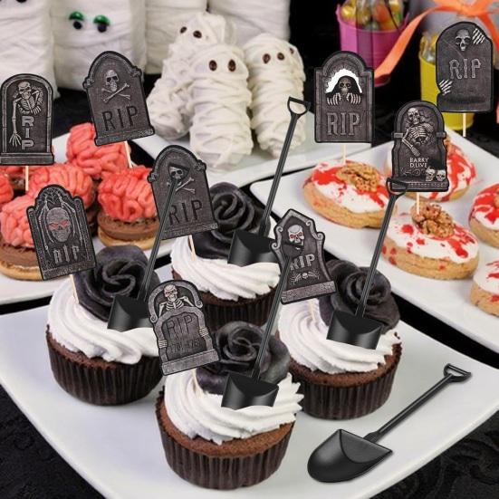 48 Pcs Halloween Cupcake Toppers Tombstones Graveyard Cake Decorations with Mini Shovel Spoons for Halloween Birthday Party Supplies