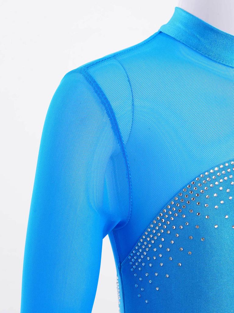Girls Sparkly Skating Dress Long Sleeve Round Collar Hollow Back Rhinestone Mesh Splice Ballet Dance Leotard
