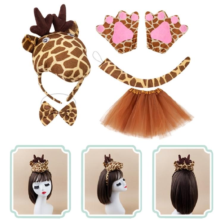 1/3/4/5 Kids Girls Giraffe Ears Headband Bowtie Tutu Skirt Giraffe Tail Animal Giraffe Costume Set for Halloween Cosplay Party