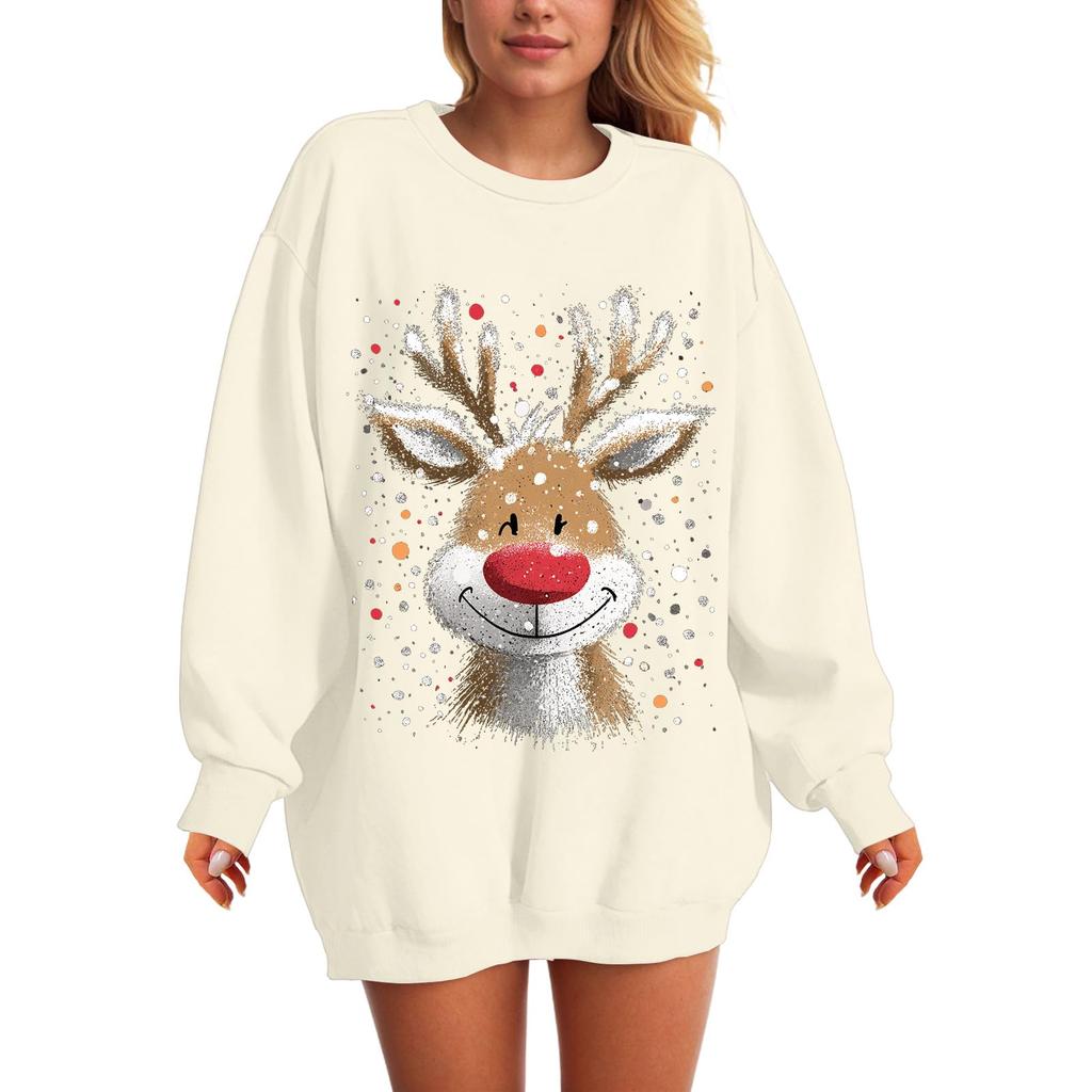 Women's Fashionable Casual Long-Sleeved Loose-Fit Christmas Print Round-Neck Pullover Sweatshirt