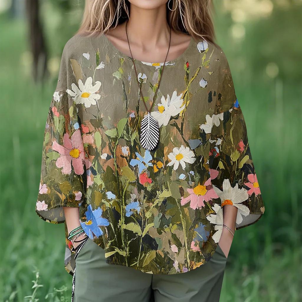 Summer Tops For Women Cute V Neck 3/4 Sleeve Blouses Floral Print Top Casual Shirts