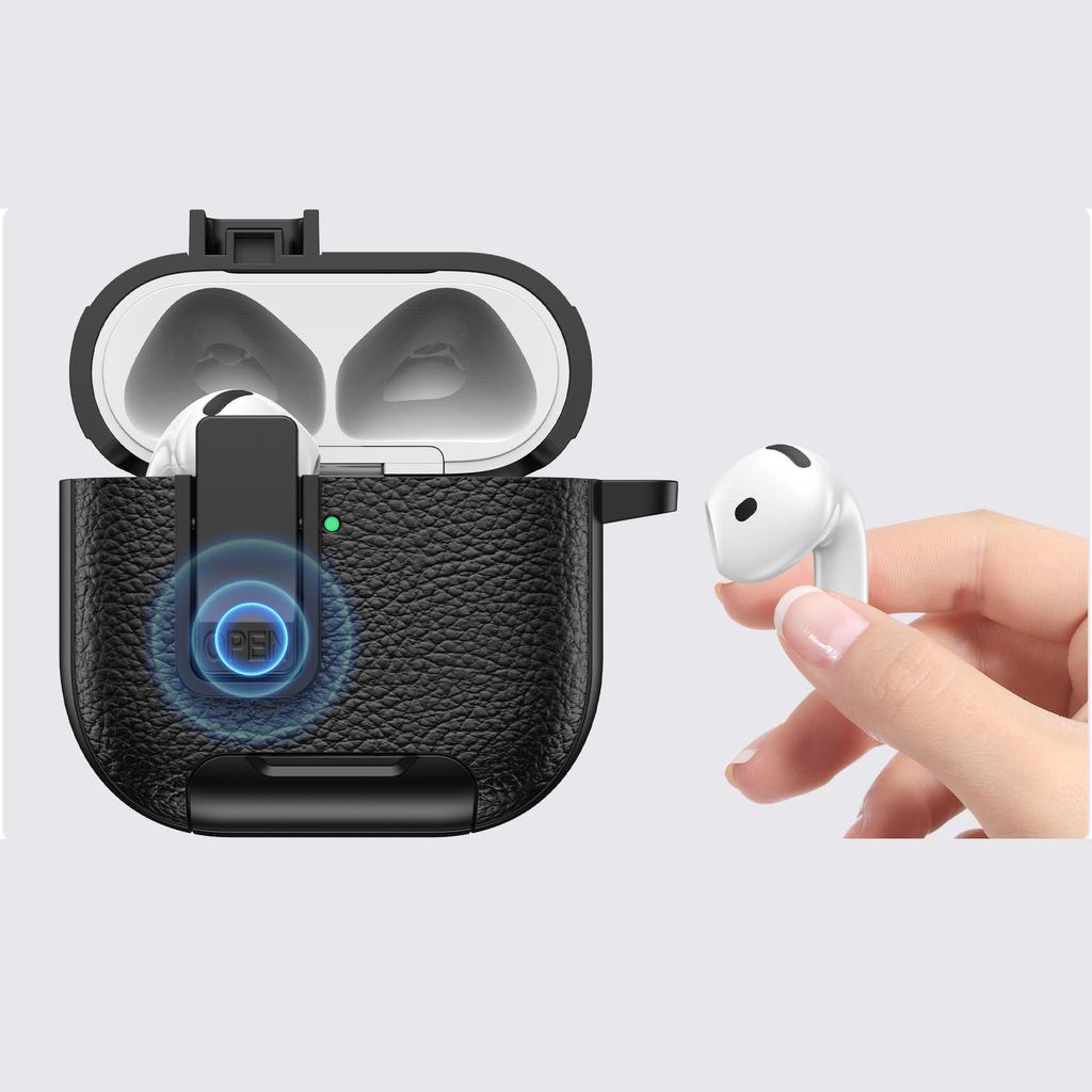Für AirPods 4 Schutzhülle mit Ständer Leder mit Litschi-Textur TPU + PC Kopfhörerhülle mit Verschluss und Karabiner