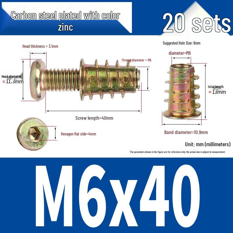 Flat Head Hex Socket Screws & Pre-embedded Nut Set for Wooden Bed Connectors