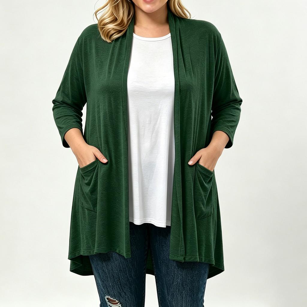 Women's Plus Size Soft Three-Quarter Sleeve Cardigan with Pockets