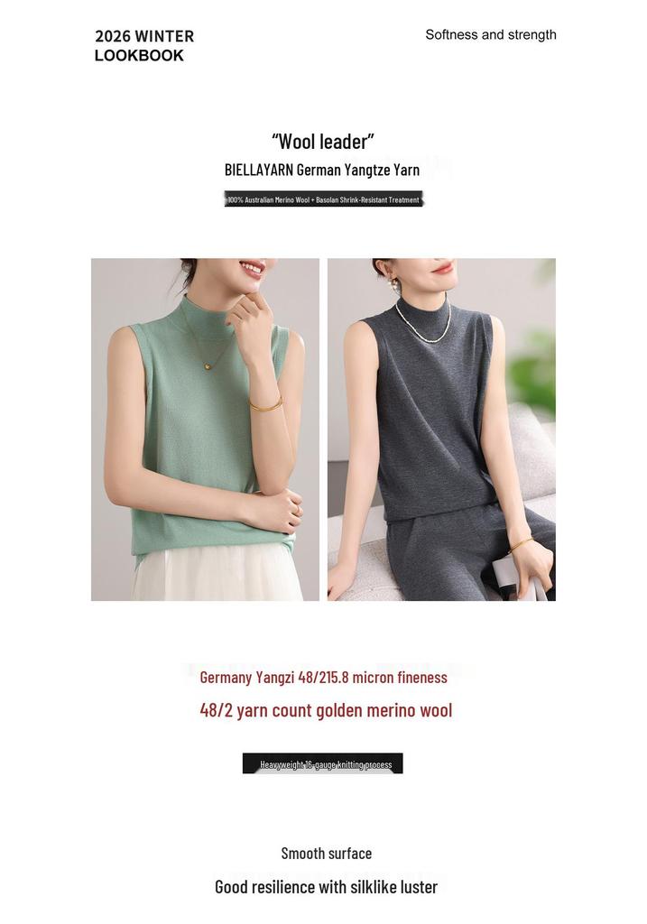 Women's Sleeveless Fine Knit Wool Sweater - Versatile High Collar Spring/Autumn Knitwear