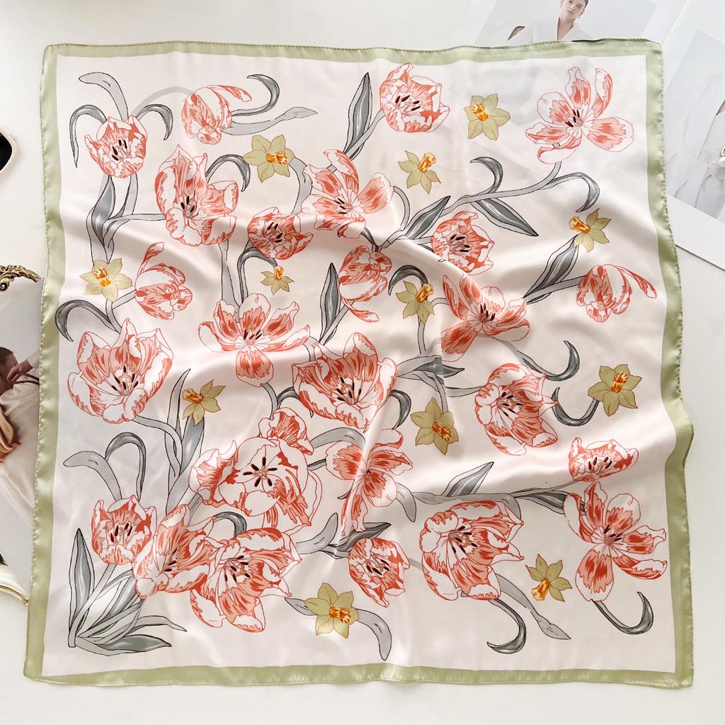 Summer Thin Floral Square Scarf For Women Hair Bag Decoration