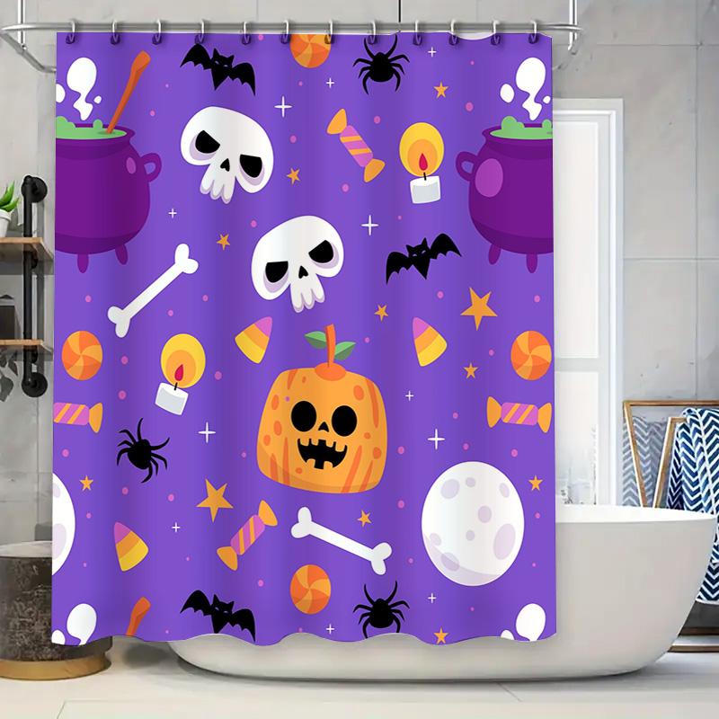 Halloween-themed shower curtain featuring pumpkin candy skull design for bathroom decor 90x180cm