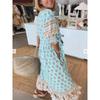 Vestido de Verão Feminino Boêmio com Decote em V, Estampa da Moda, Manga Lanterna, Cintura Alta e Saia Rodada