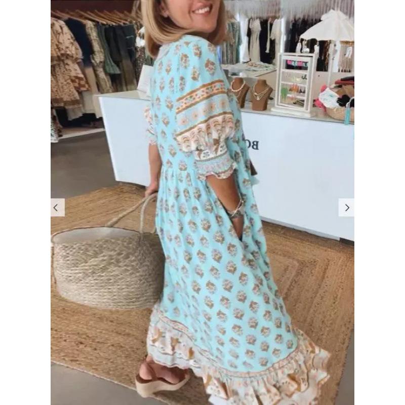 Vestido de Verão Feminino Boêmio com Decote em V, Estampa da Moda, Manga Lanterna, Cintura Alta e Saia Rodada