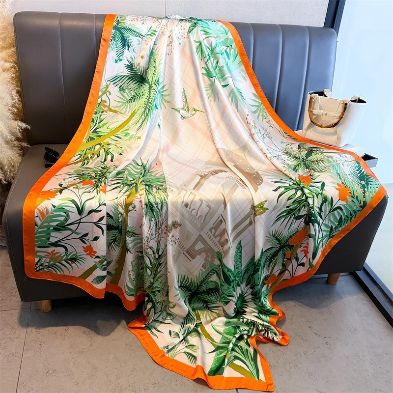 Island Coconut Tree Simulation Silk Premium 111cm Large Square Scarf Silk Scarf Printed Shawl Sunscreen Scarf Headscarf Scarf